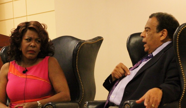 Dr. J. C. Hayward, D.C.'s first female news anchor, listens intently as civil rights icon Ambassador Andrew Young recounts his experiences in Birmingham, Ala., during the tumultuous 60s.   